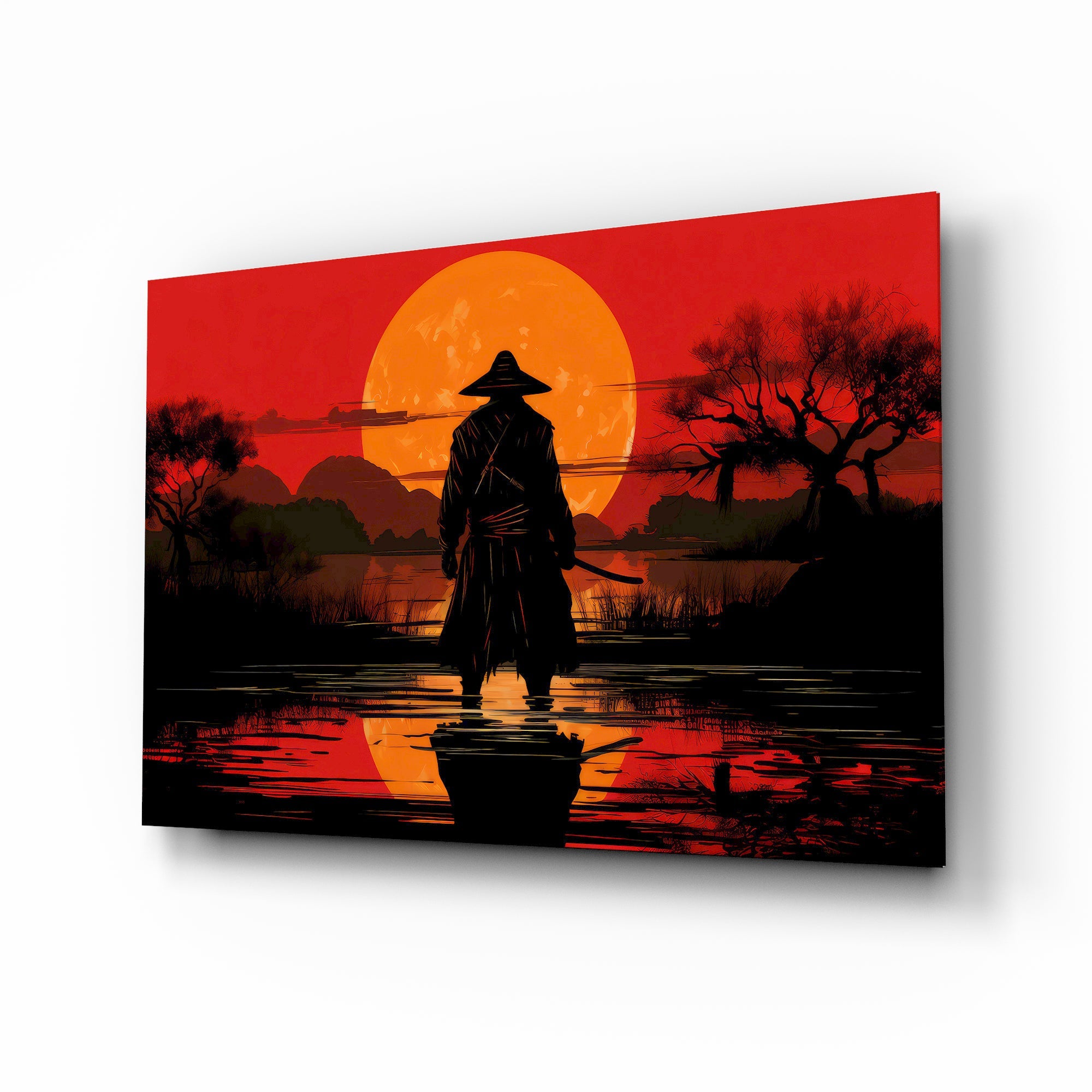 Silhouette Samurai Sunset Glass Wall Art