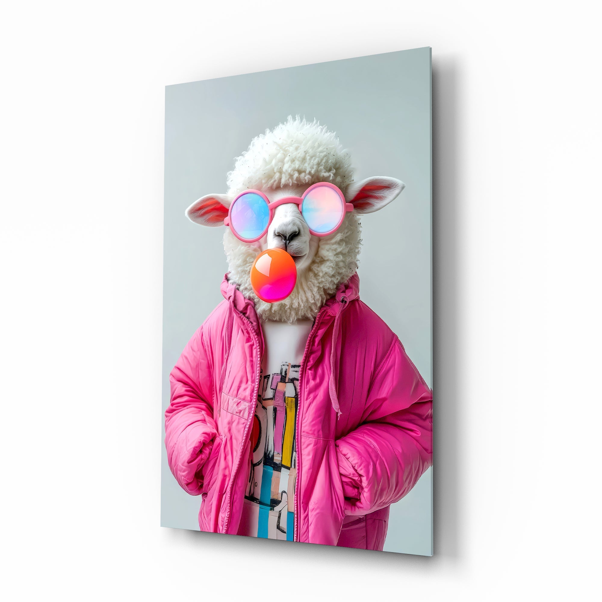 Funky Sheep in Pink Glass Wall Art