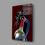Black Cat with Wine Bottle Glass Wall Art