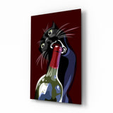 Black Cat with Wine Bottle Glass Wall Art