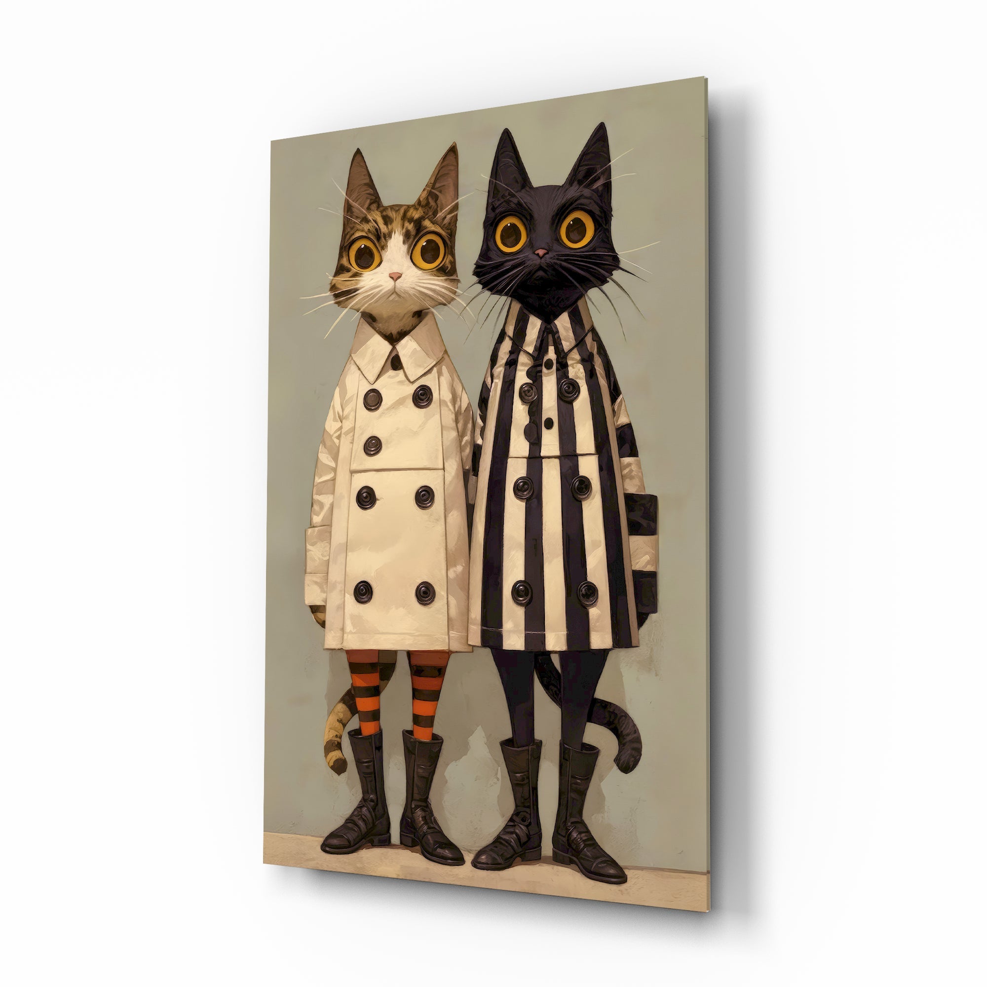 Feline Fashionistas in Trenches Glass Wall Art