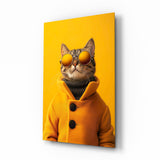 Cool Cat in Orange Coat Glass Wall Art