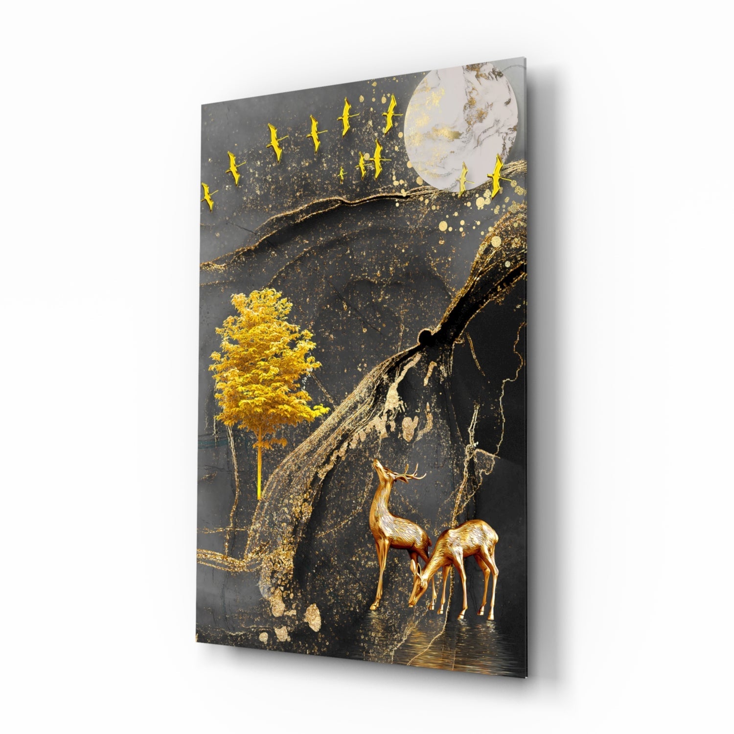 Golden Tree and Gazelles Glass Wall Art.