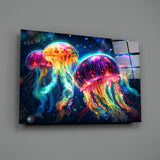 Neon Jellyfish Glass Wall Art || Designer Collection.