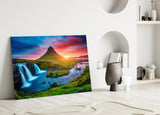 Kirkjufellsfoss Waterfall and View Glass Wall Art.