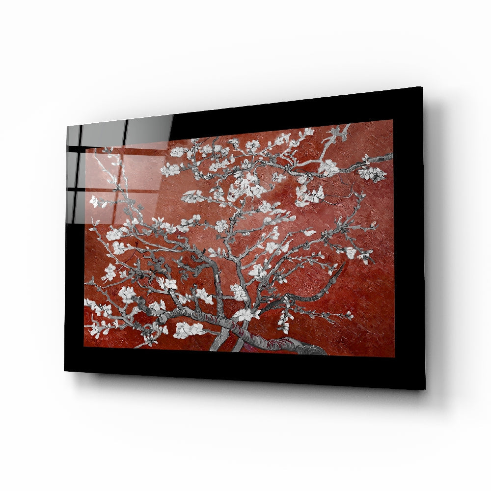 Maroon Almond Flowers Glass Wall Art | insigneart.co.uk