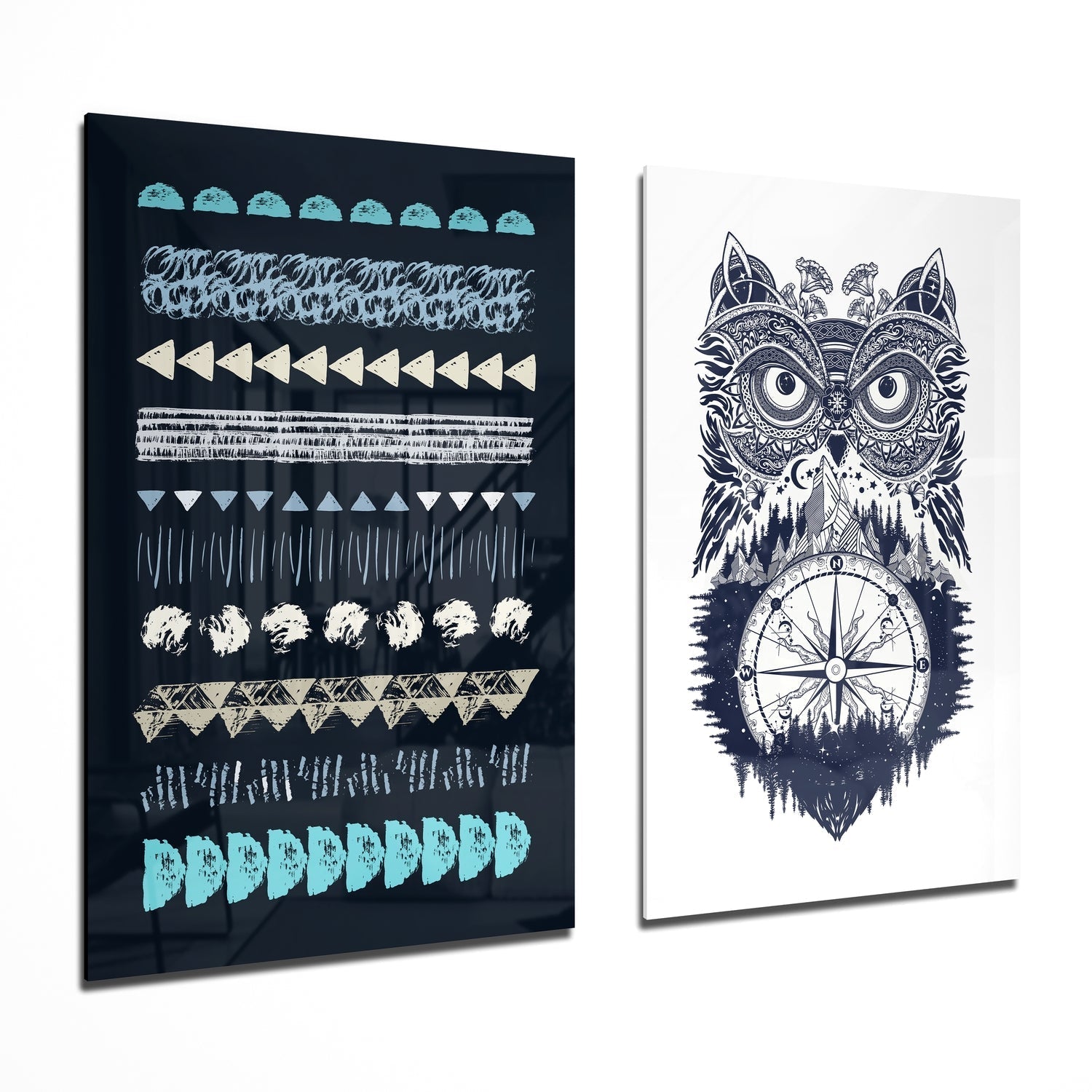 Owl and Shapes 2 Pieces Combine Glass Wall Art | Insigne Art Design