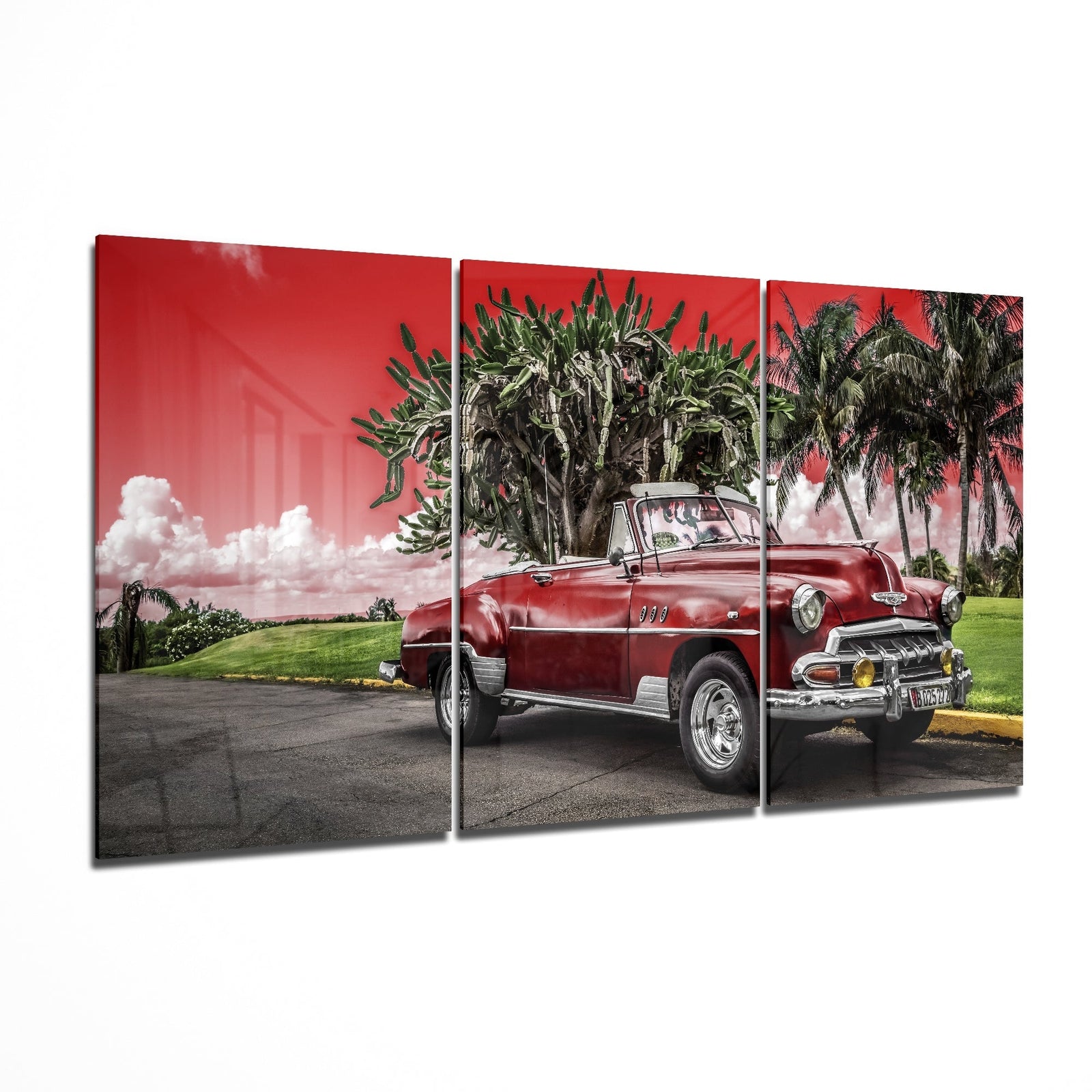 Red Classic Car Glass Art Mega Glass Wall Art